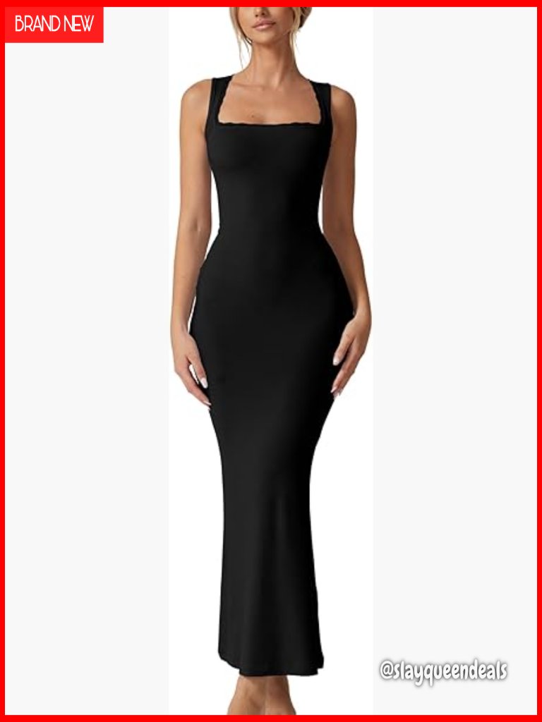 Women's Square Neck Lace Maxi Dress Sleeveless Ribbed Lounge Full Length